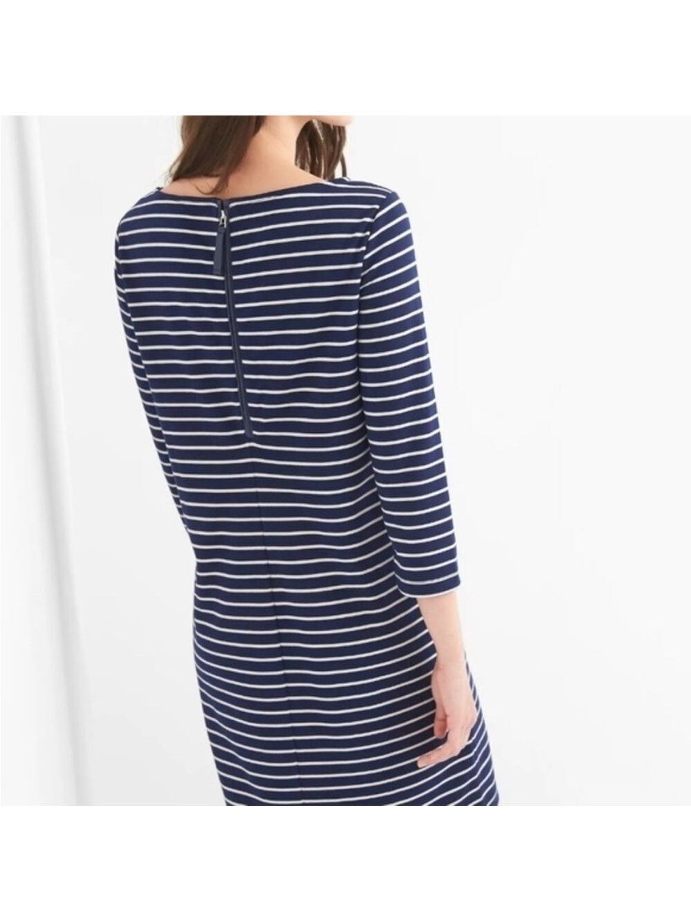 Gap Ponte Knit 3/4 Sleeve Navy & White Nautical Striped Shift Dress, size M - Picture 2 of 12